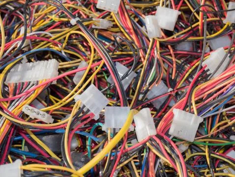 Old computer parts, cables close up scene  写真素材