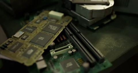 Old computer parts show complex circuits and hardware layouts Stock Footage 306207748