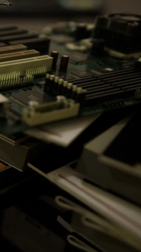 Old computer parts stacked on a shelf in a workshop or garage space Stock Footage 334263117