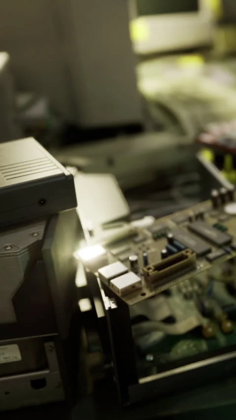 Old computer parts on workbench with tools and wires in a busy workshop Stock Footage 334199810