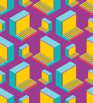 Old computer pattern seamless. Outdated PC ornament. obsolete technology text Stock Illustration