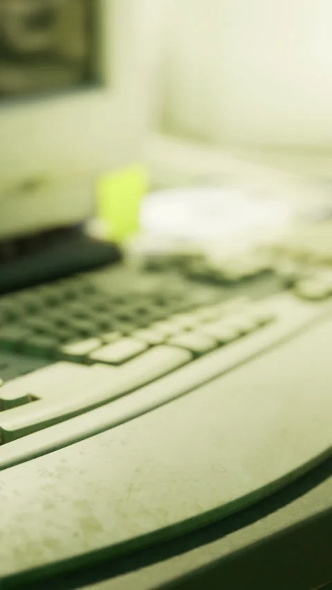 Old computer setup with keyboard and mouse on a work desk Stock Footage 317533769