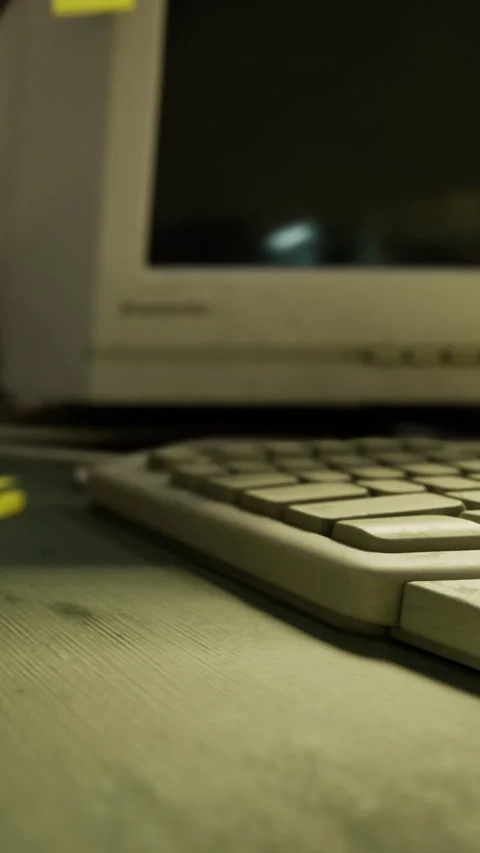Old computer setup with a keyboard and monitor on a desk in a tech space Stock Footage 335093263