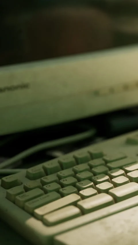 Old computer setup shows keyboard and monitor with wires on desk Stock Footage 339039174