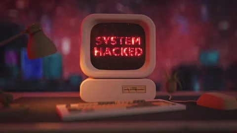Old computer with system hacked error 3D render seamless loop animation Stock Footage 259069945