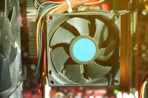 Old computer system unit cooler with dust inside. Dust on the computer pc pro Stock Photos