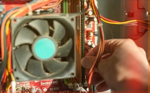 Old computer system unit cooler with dust inside. Dust on the computer pc pro Stock Photos