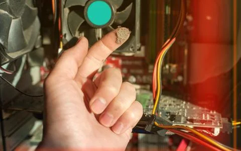 Old computer system unit cooler with dust inside. Dust on the computer pc pro Stock Photos