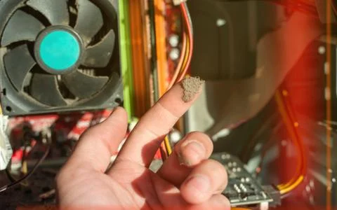 Old computer system unit cooler with dust inside. Dust on the computer pc pro Stock Photos