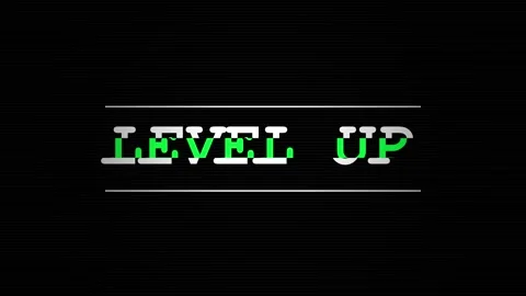 Old computer terminal displaying a glowing level up message on a retro Stock Footage 346531279