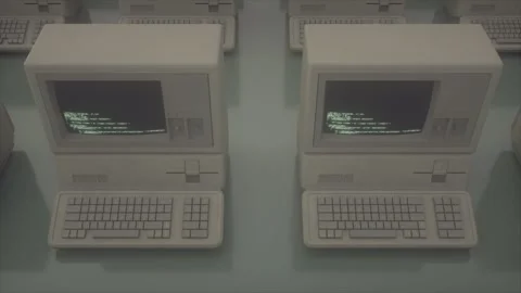 Old Computer Terminals Showing Programming Code on CRT Monitors Stock Footage 312472275