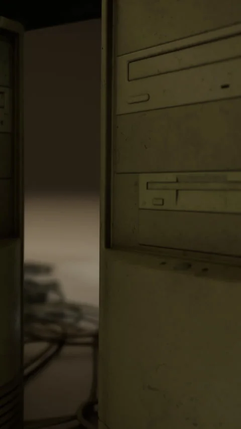Old computer tower and cables in a dimly lit room Stock Footage 334263168