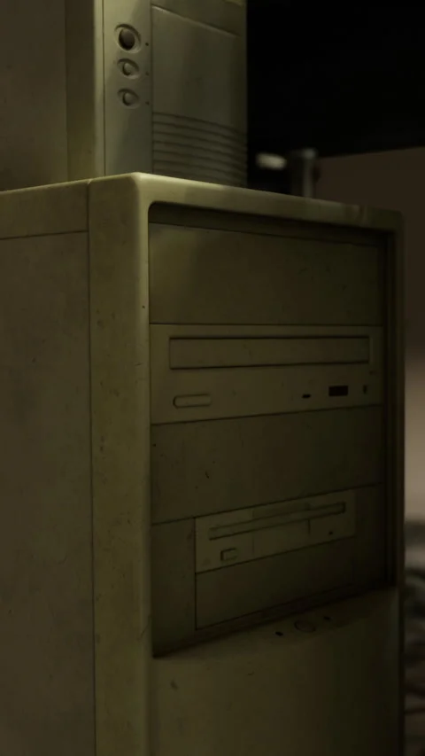 Old computer tower sits in a dim room with dust covering the surface Stock Footage 334197999