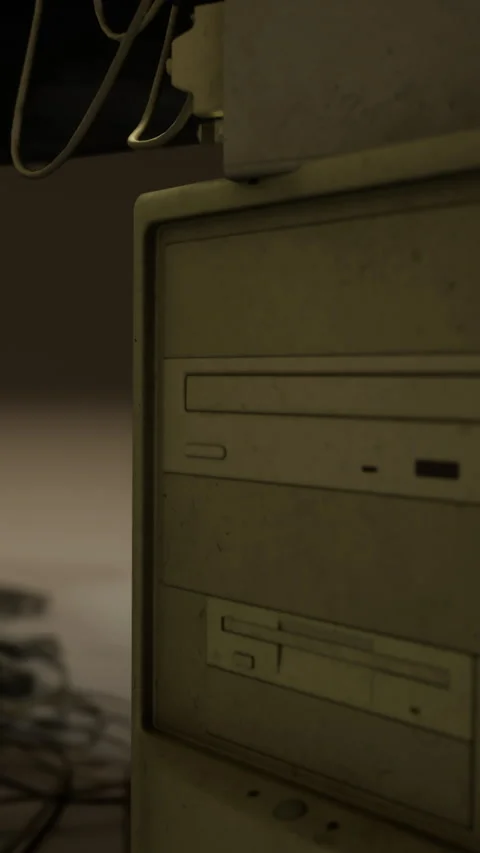 Old computer tower sits in a dimly lit room with tangled wires around Stock Footage 334197994