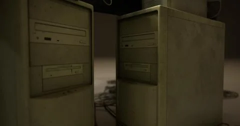 Old computer towers surrounded by dusty cables in a dimly lit room 스톡 일러스트