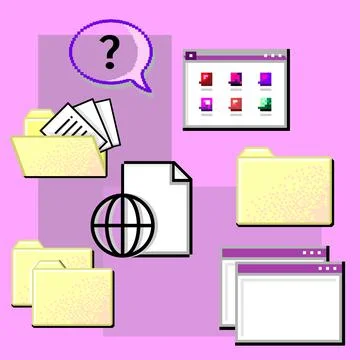 Old computer UI symbols. Retro digital icons. Document folders. Question speech Stock Illustration