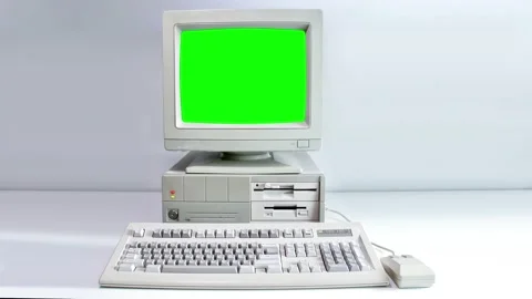 Old Computer Vintage PC Obsolete Desktop booting Green Screen Glitch 4k Stock Footage 166495209