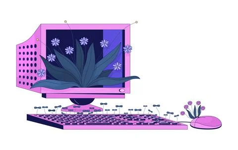 Old computer with wild plants 2D linear illustration concept Stock Illustration