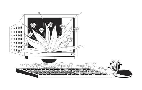 Old computer with wild plants black and white 2D illustration concept Stock Illustration
