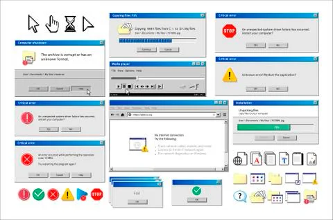 Old computer window. Popup warning, error and installation windows, media player Stock Illustration
