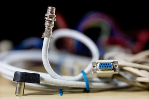 Old computer wires. Cables lpt, com1 and com2 for desktop and laptop computer Stock Photos