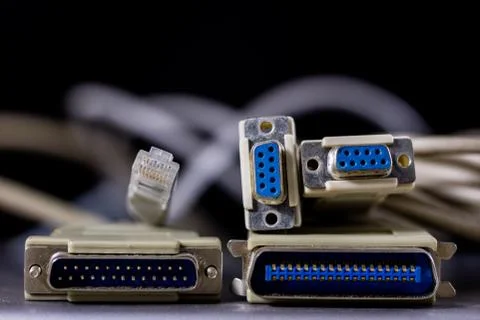 Old computer wires. Cables lpt, com1 and com2 for desktop and laptop computer Stock Photos