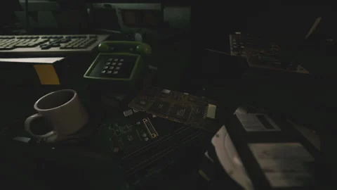 An old computer workstation cluttered with circuit boards and a coffee cup Stock Footage 321352271