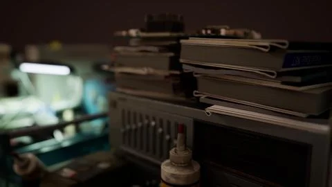 Old computers from the 80s in an abandoned computing center Stock Illustration
