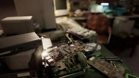 Old computers from the 80s in an abandoned computing center 스톡 일러스트