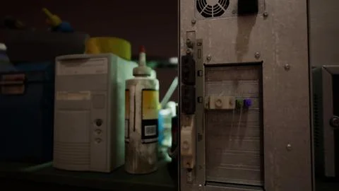 Old computers from the 80s in an abandoned computing center Stock Illustration