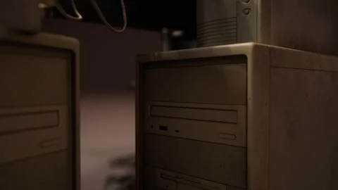 Old computers from the 80s in an abandoned computing center Stock Illustration