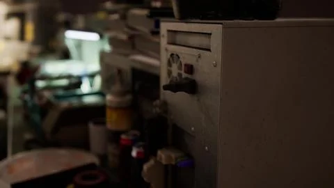 Old computers from the 80s in an abandoned computing center Stock Illustration