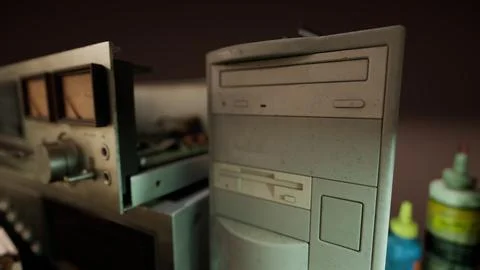 Old computers from the 80s in an abandoned computing center Stock Illustration