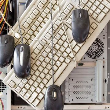 Old computers and computer accessories for electronic recycling Stock Photos