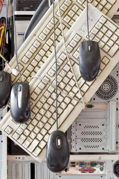 Old computers and computer accessories for electronic recycling Stock Photos