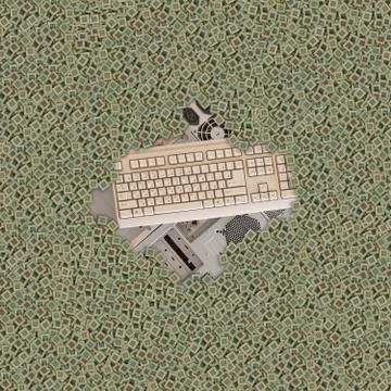 Old computers and keyboard covered by a lot of chips Stock Photos