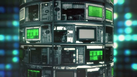 Old Computers Tower Spinning Glitch Source Code Matrix Stock Footage 156259256