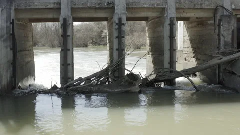 Old concrete dam on a small river  with fallen tree waste Stock Footage 151552994
