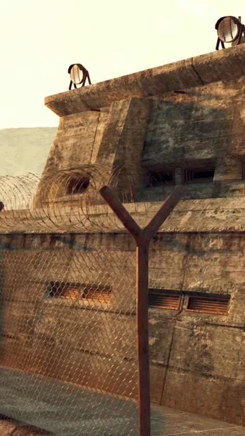 Old concrete structure with guard posts and barbed wire in a dry location Stock Footage 335690361