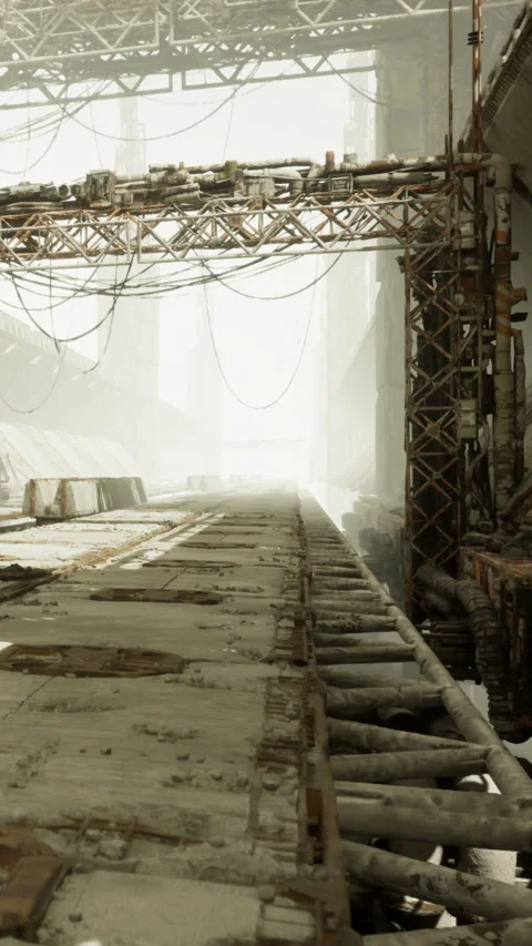Old construction site with tall structures and fog in the background Stock Footage 337108593