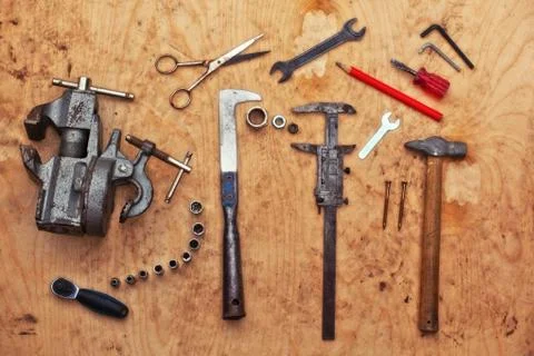 Old construction tools sharp background Stock Photos