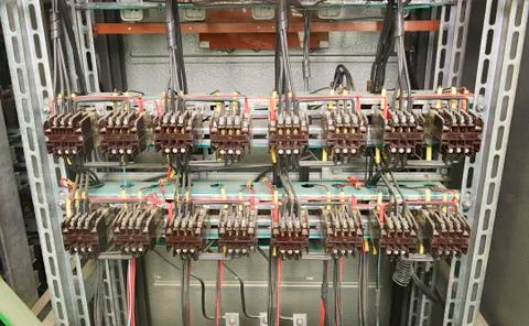 Old contactors in circuit panel Stock-Fotos