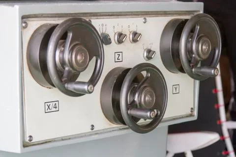 Old control of milling machine for cutting material Stock Photos