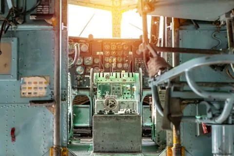 Old Control panel in a cockpit with instruments equipment Stock Photos