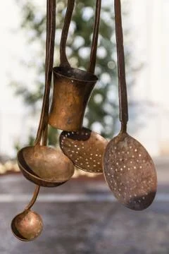 Old copper kitchen utensils. Stock Photos