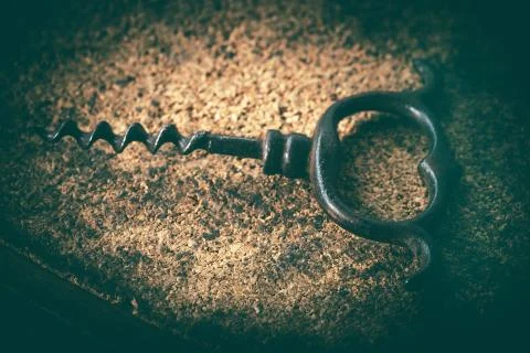 An old corkscrew on a cork background. Stock Photos