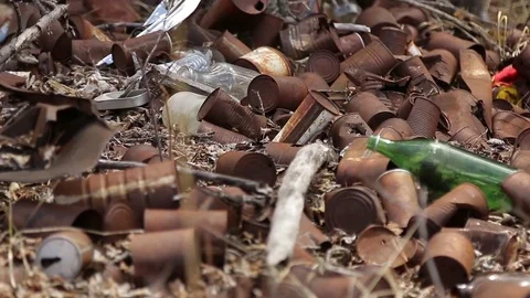 Old corroded tin cans left in the forest Video stock 78826955
