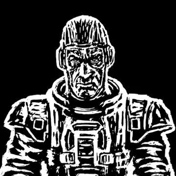 Old cosmonaut in a space suit without a helmet in black and white colors. Vec Illustrazione stock
