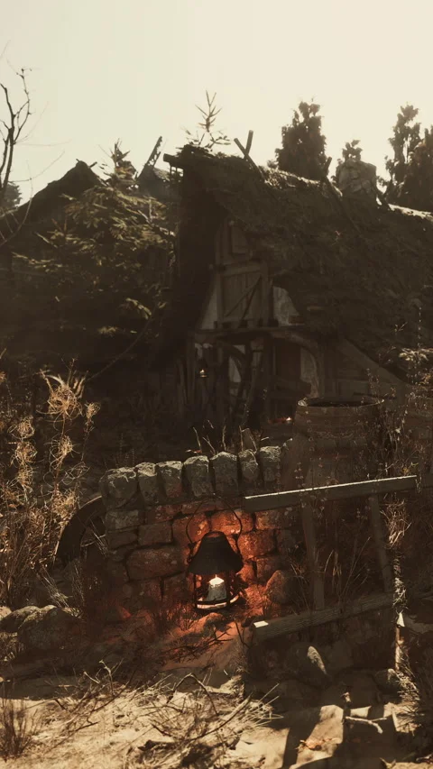 Old cottage with a fire pit in a rural setting during sunset hours Stock Footage 339778205