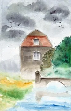 Old cottage on a river with bridge above it Stock Illustration